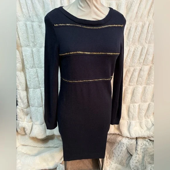 MICHAEL Michael Kors | Dresses | Michael Michael Kors Navy Blue And Gold  Chain Sweater Dress Size Medium | Poshmark